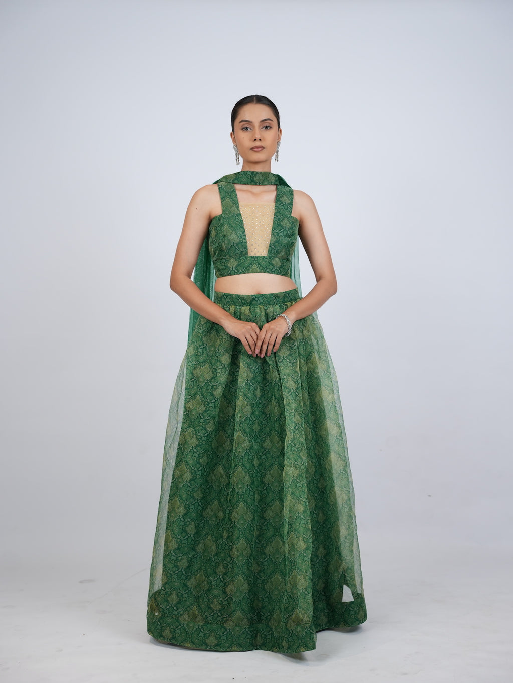 Green Patterned Crop Top Lehenga Set