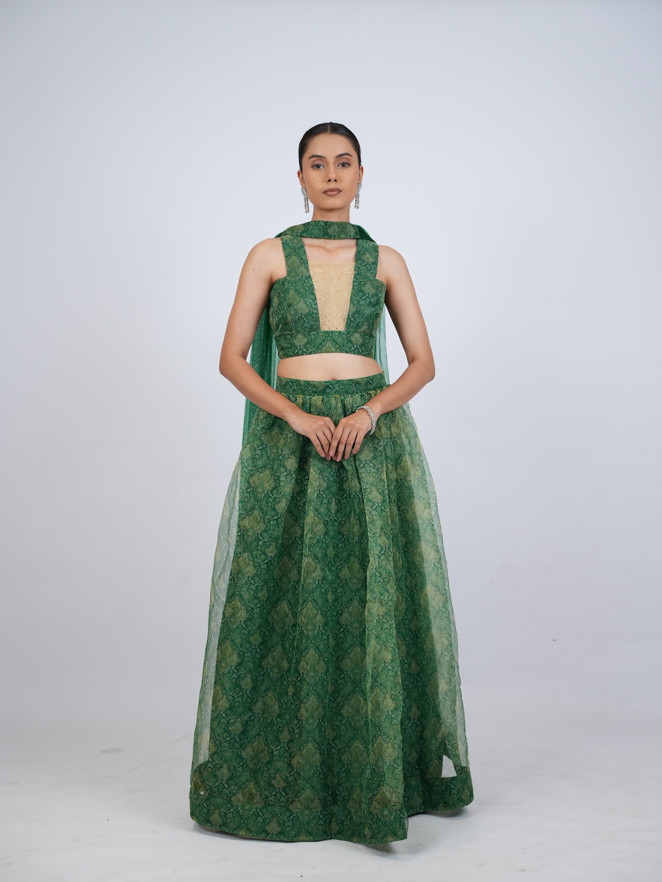 Green Patterned Crop Top Lehenga Set