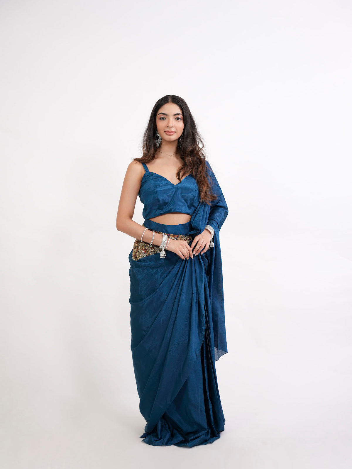 PEACOCK BLUE BELTED SAREE SET