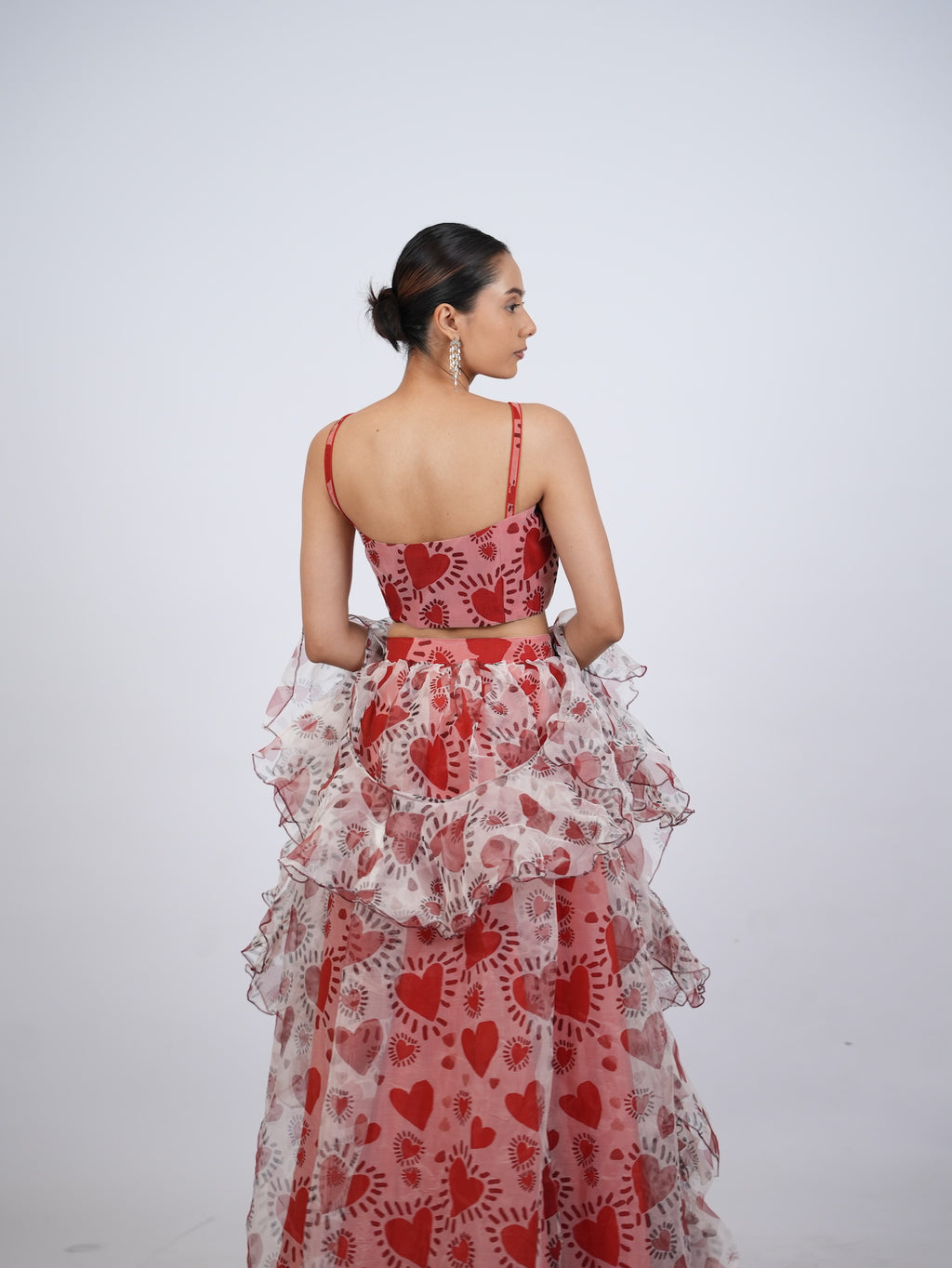 Red Heart Print Lehenga Set with Ruffled Drapes