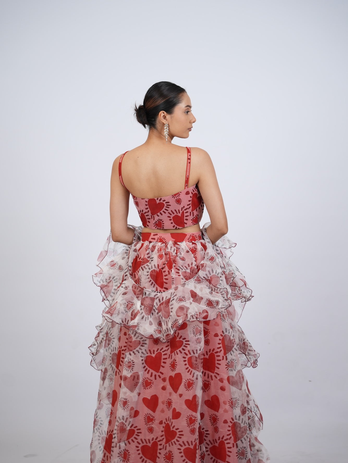 Red Heart Print Lehenga Set with Ruffled Drapes