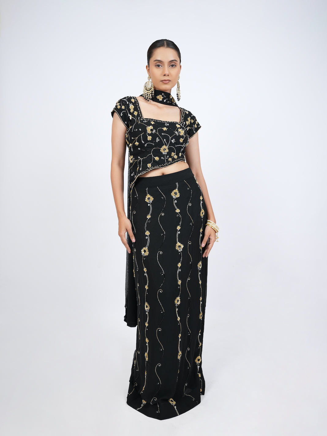 BLACK & GOLD FLORAL CROP TOP SET
