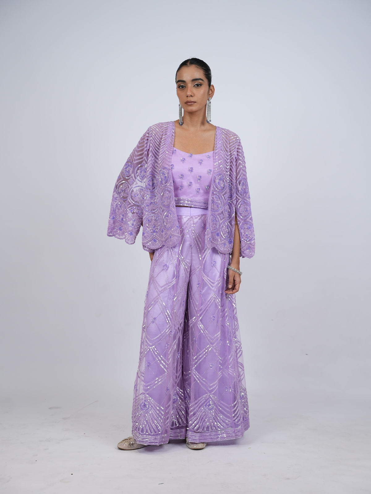 Lavender Embellished Jacket and Palazzo Set