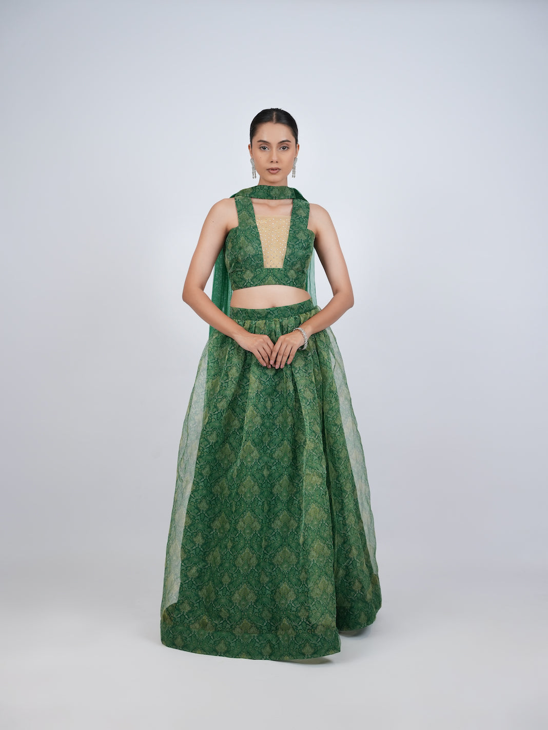 GREEN PATTERNED LEHENGA SET