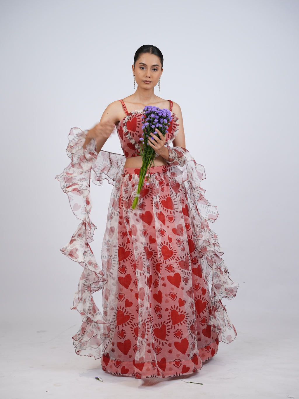 Red Heart Print Lehenga Set with Ruffled Drapes