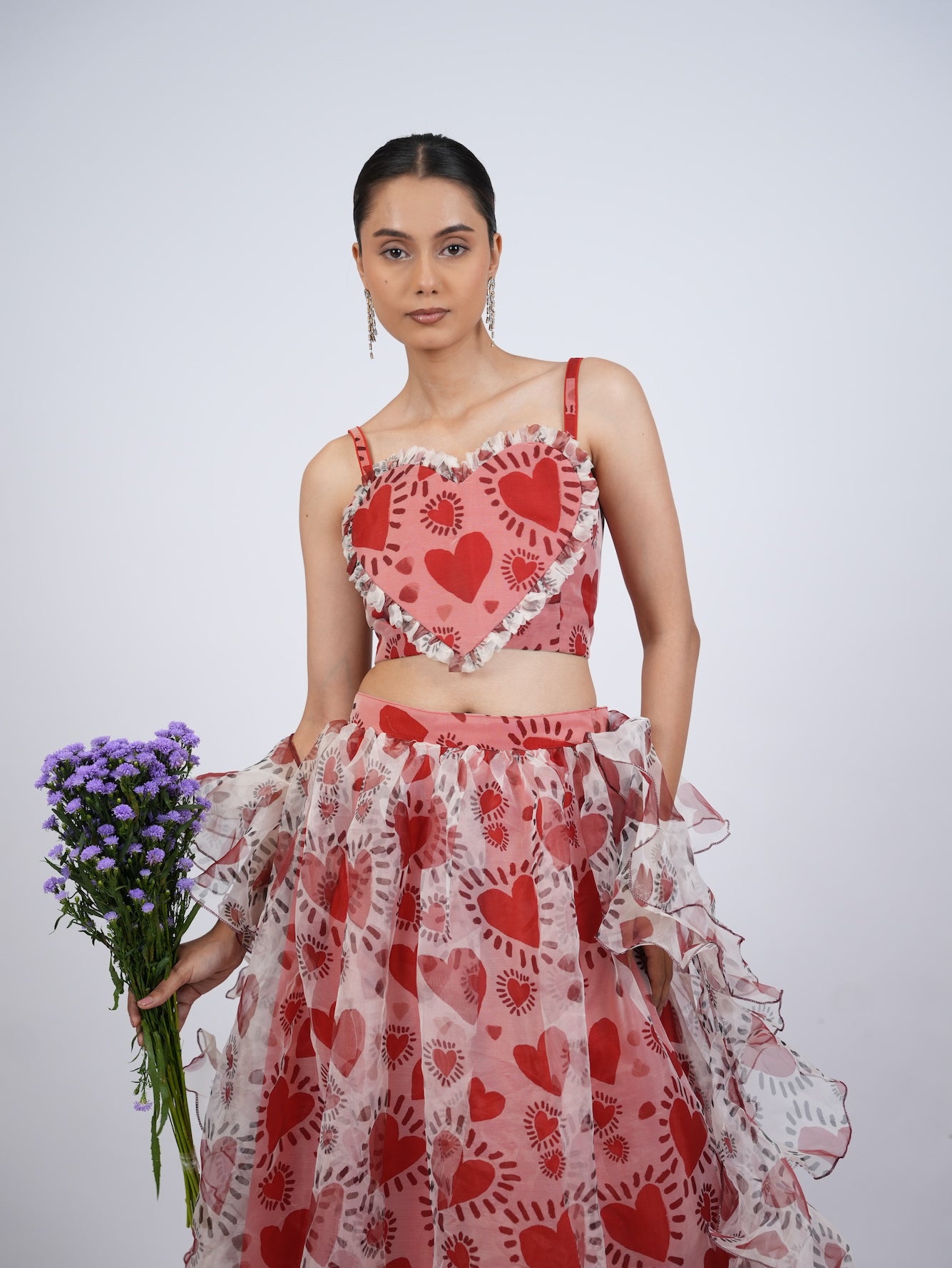 Red Heart Print Lehenga Set with Ruffled Drapes