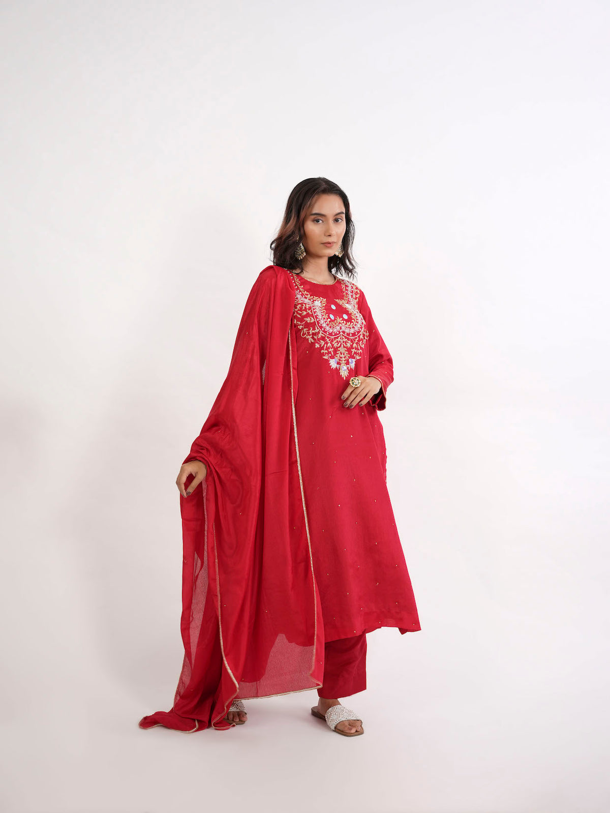 CRIMSON RED ZARDOZI SILK KURTA SET