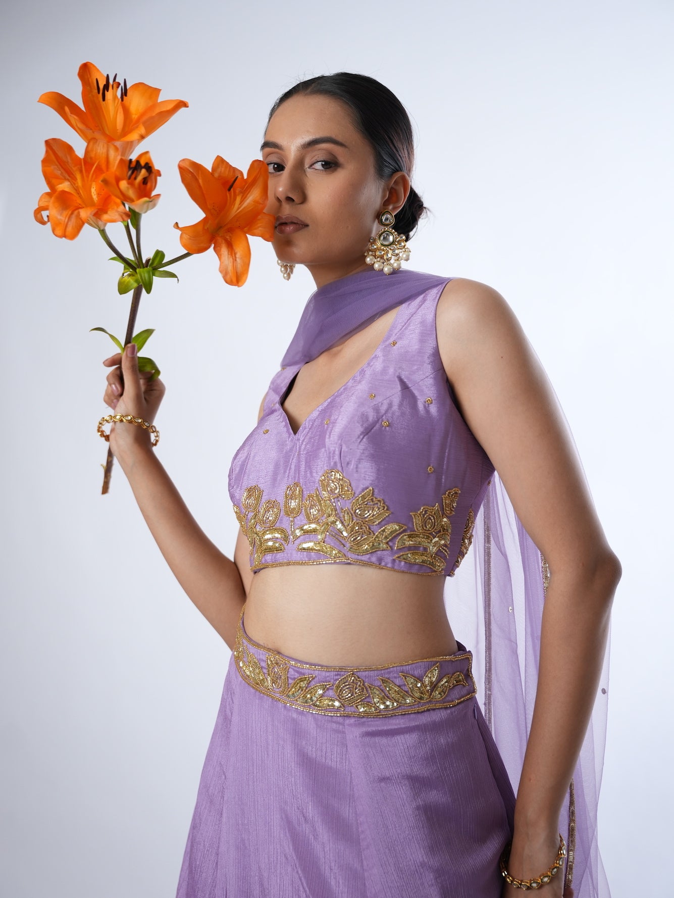 Lavender Gold-Embroidered Lehenga