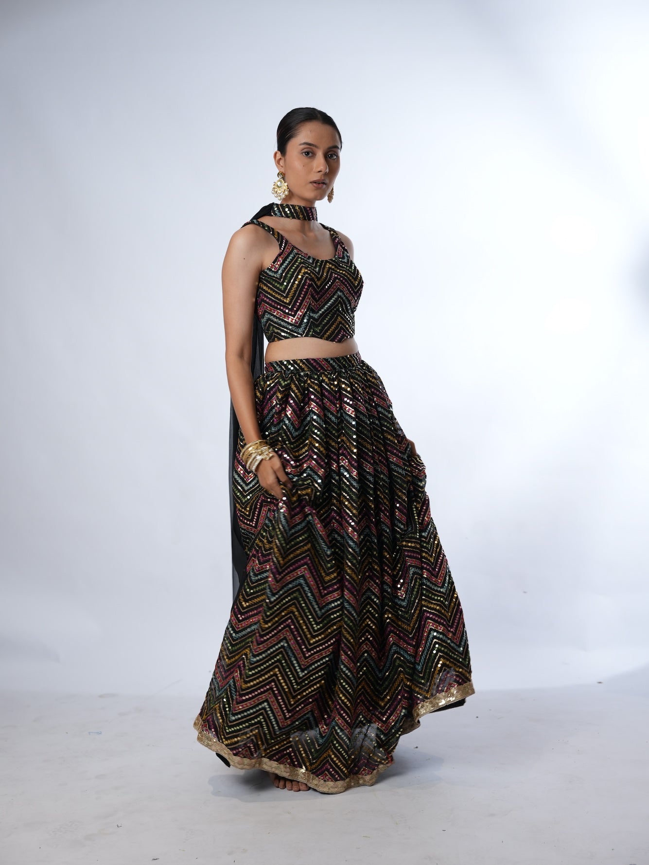 Multi-Color Chevron Sequin Lehenga