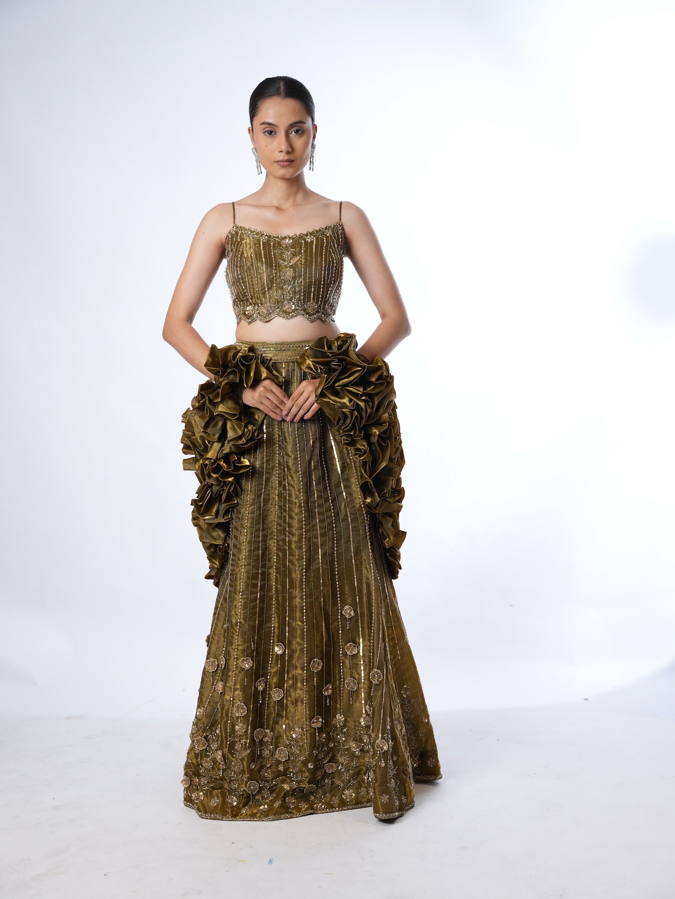 Olive Embellished Crop Top Lehenga Set