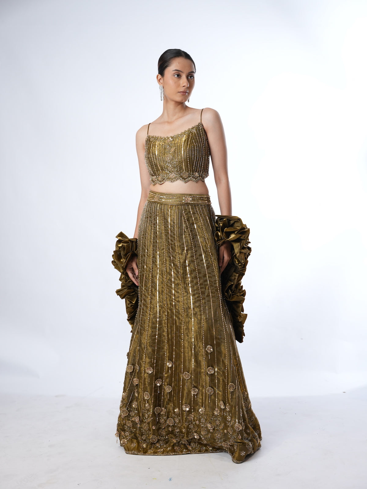 Olive Embellished Crop Top Lehenga Set