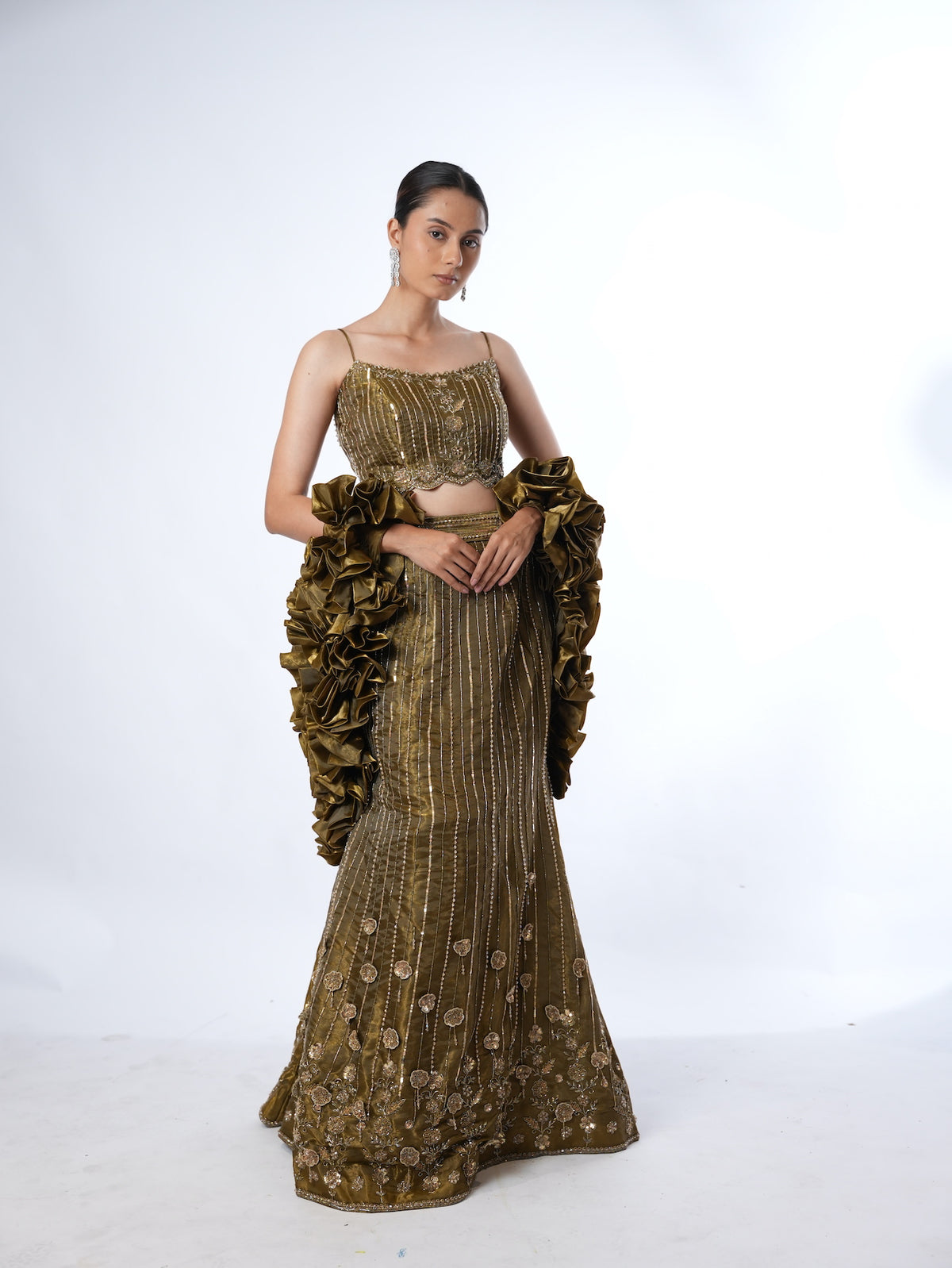 Olive Embellished Crop Top Lehenga Set