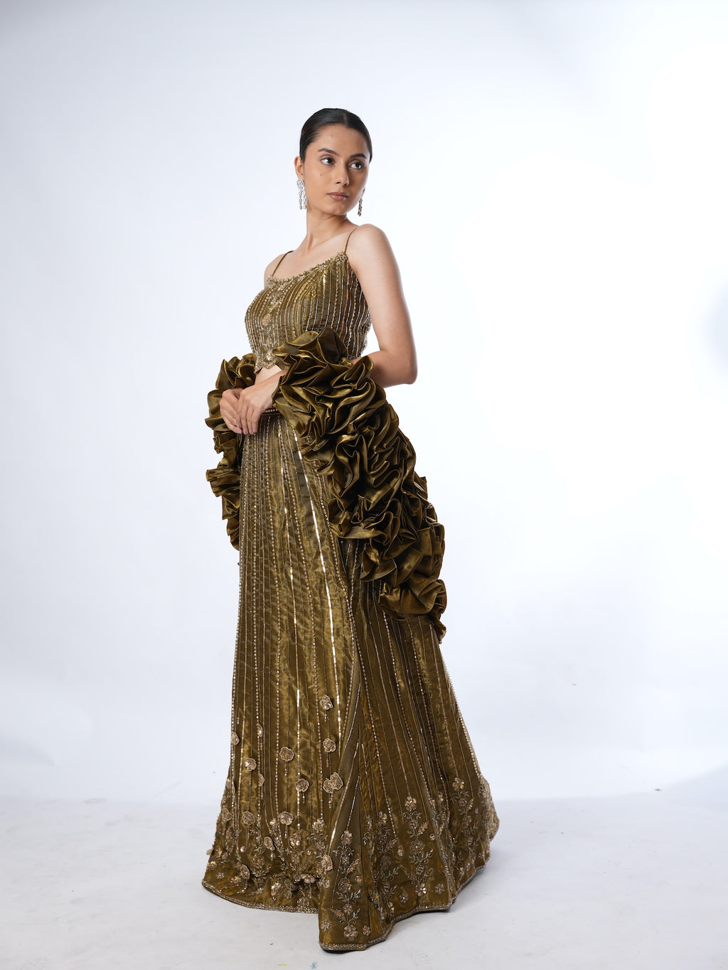 Olive Embellished Crop Top Lehenga Set