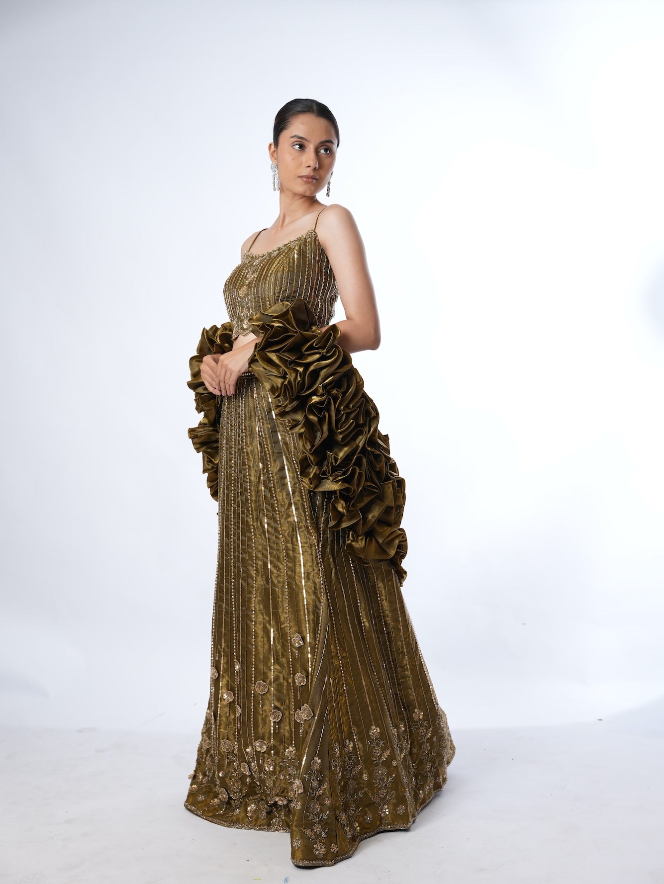 Olive Embellished Crop Top Lehenga Set