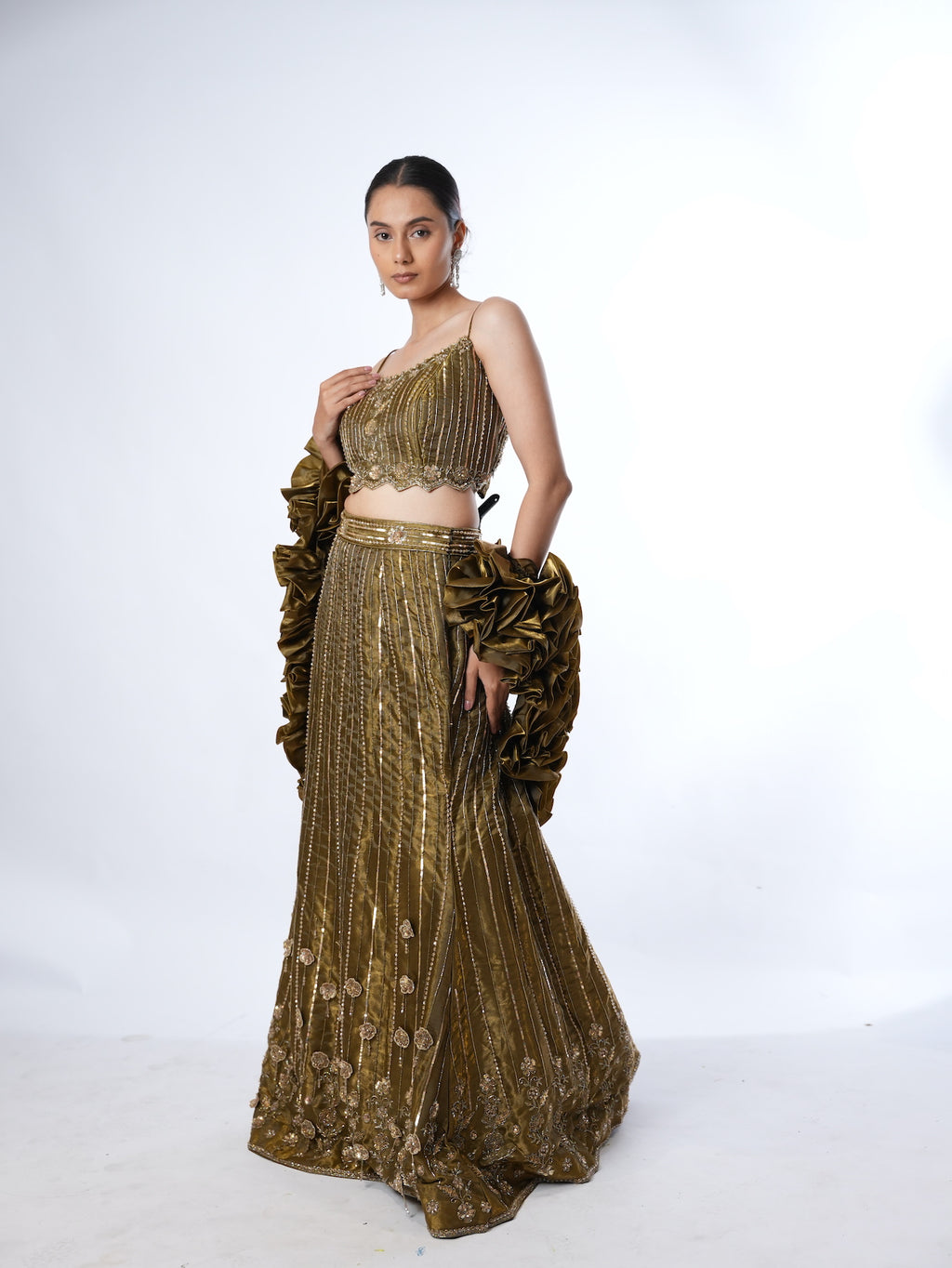 Olive Embellished Crop Top Lehenga Set
