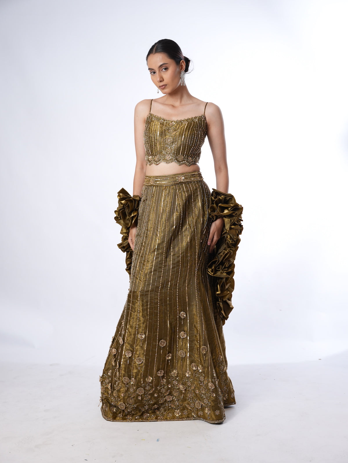 Olive Embellished Crop Top Lehenga Set