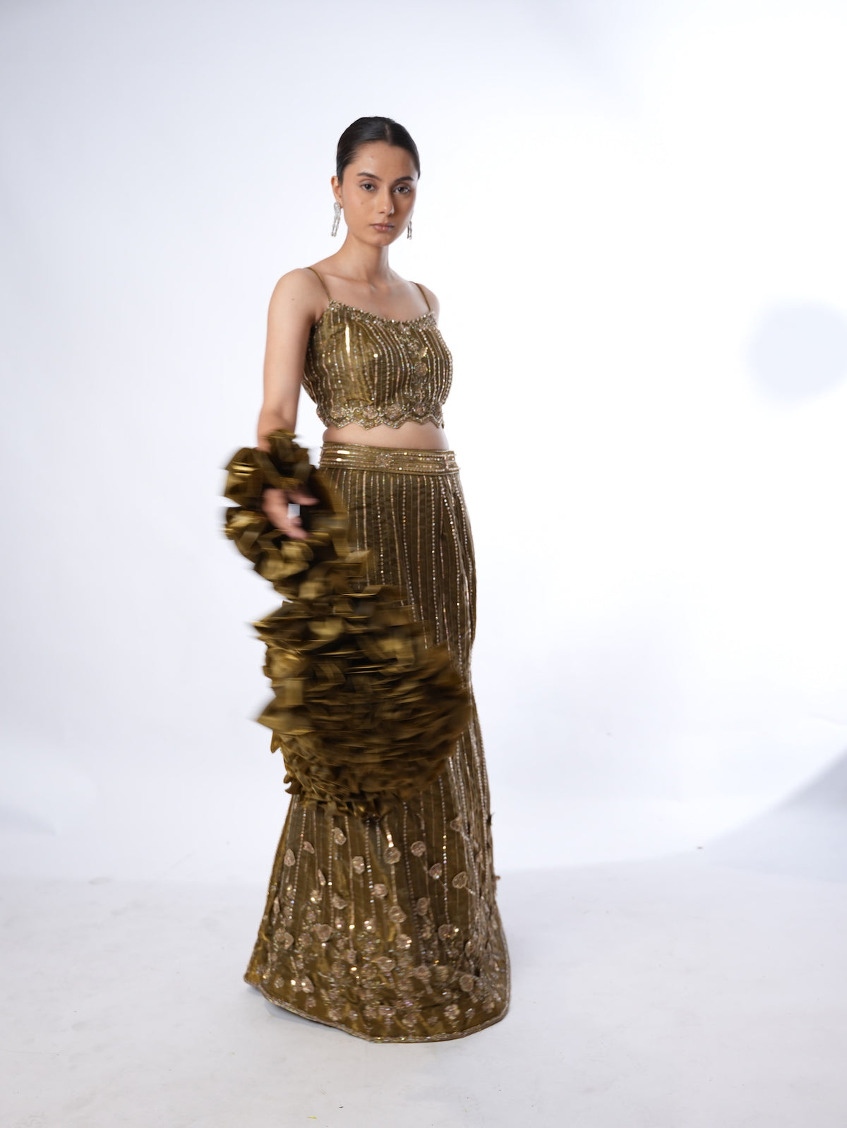 Olive Embellished Crop Top Lehenga Set