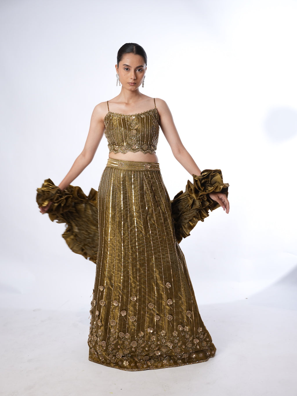 Olive Embellished Crop Top Lehenga Set