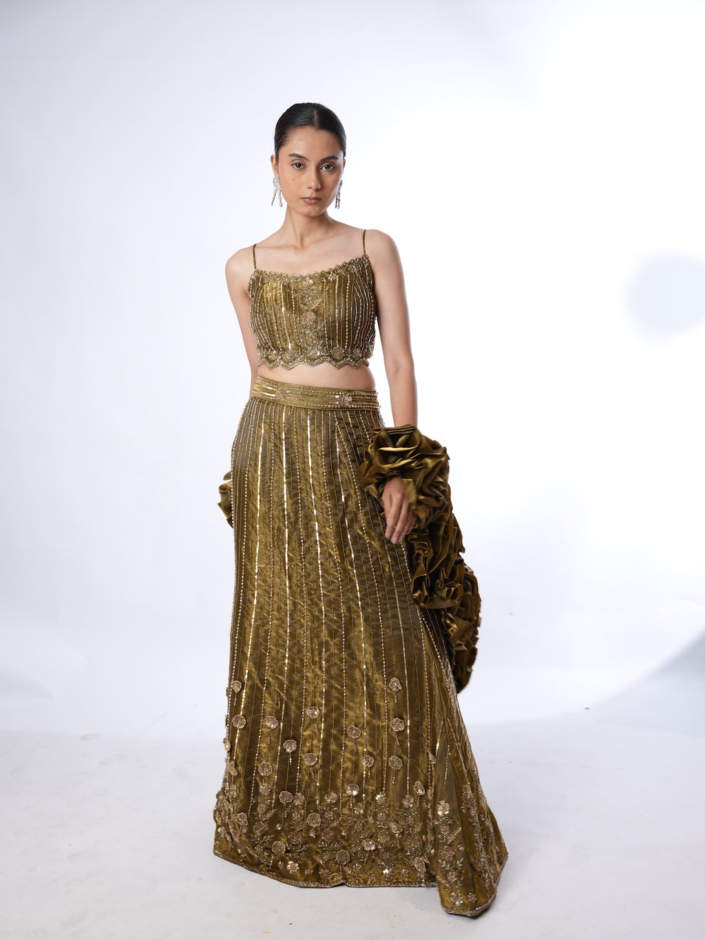 Olive Embellished Crop Top Lehenga Set