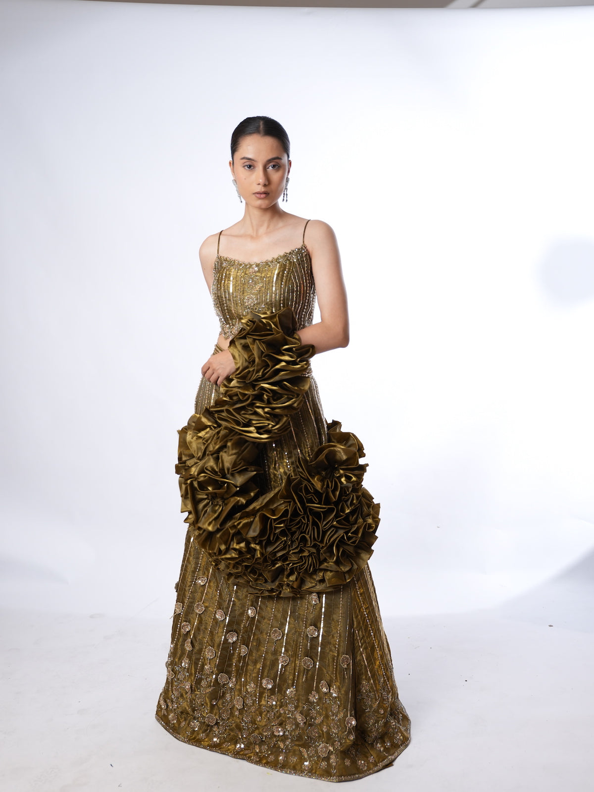 Olive Embellished Crop Top Lehenga Set