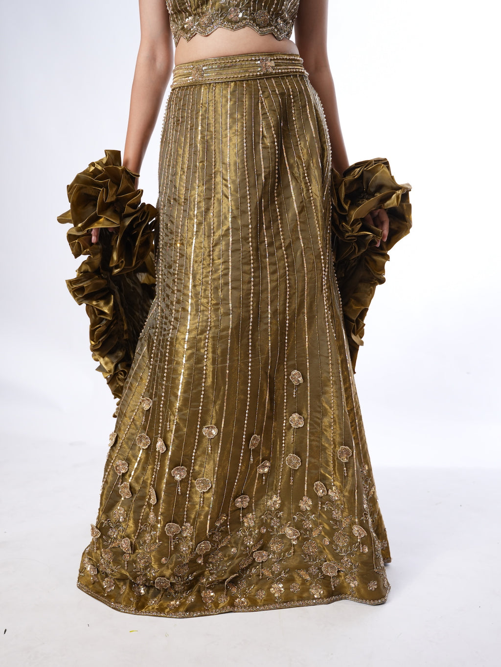 Olive Embellished Crop Top Lehenga Set