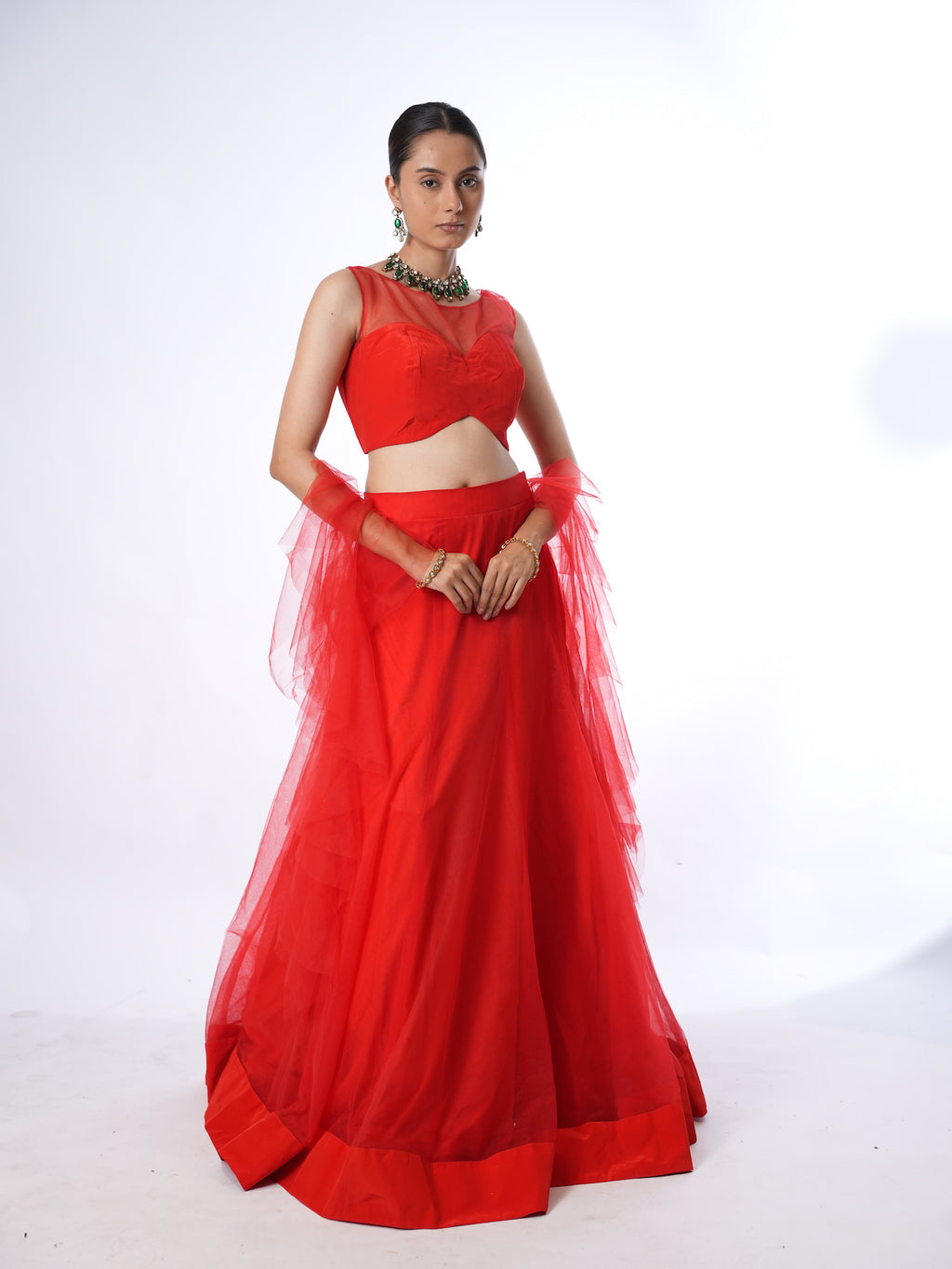 Vibrant Red Net Crop Top Lehenga Set