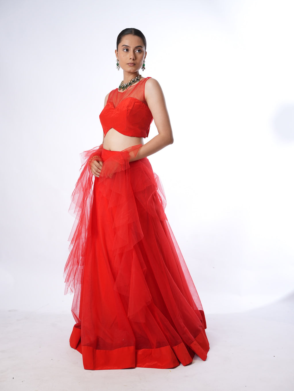 Vibrant Red Net Crop Top Lehenga Set