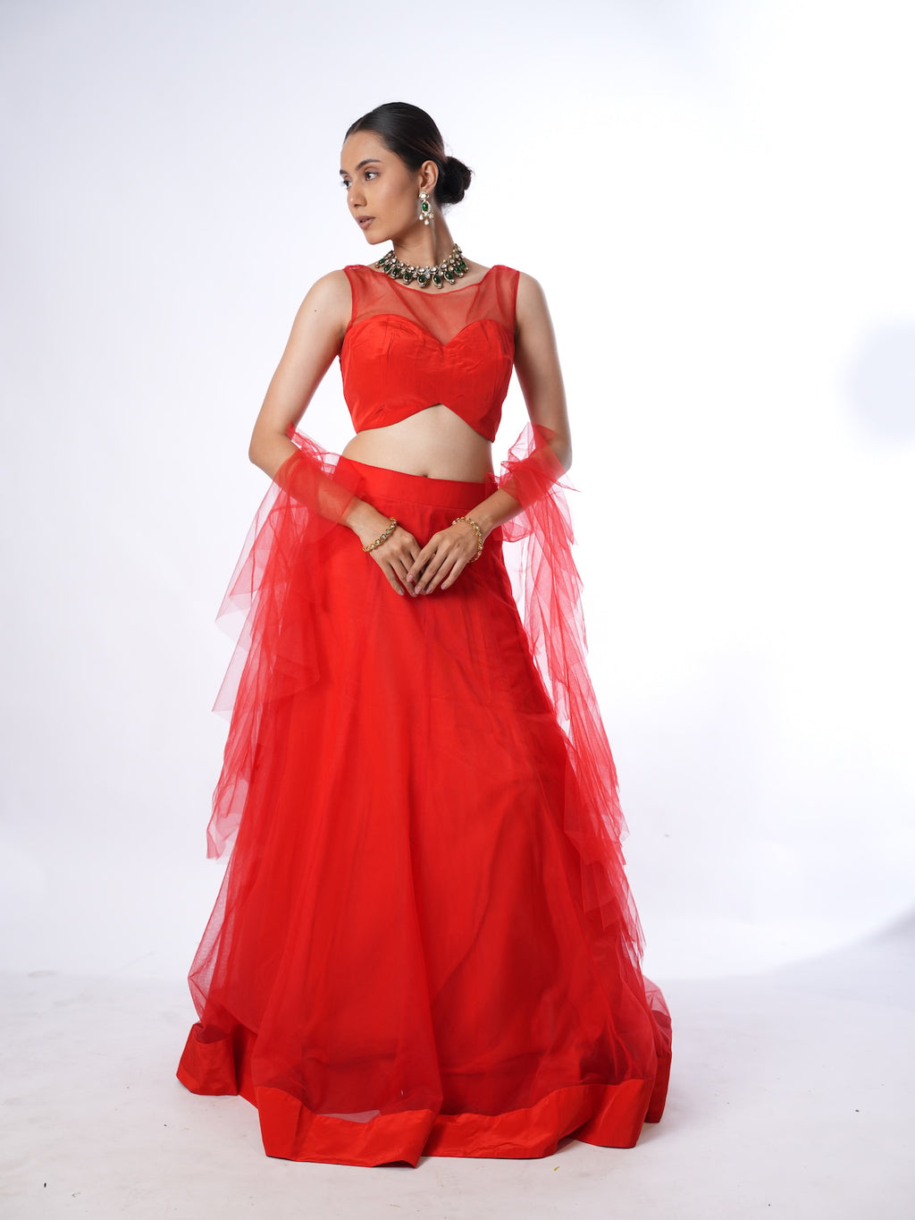 Vibrant Red Net Crop Top Lehenga Set