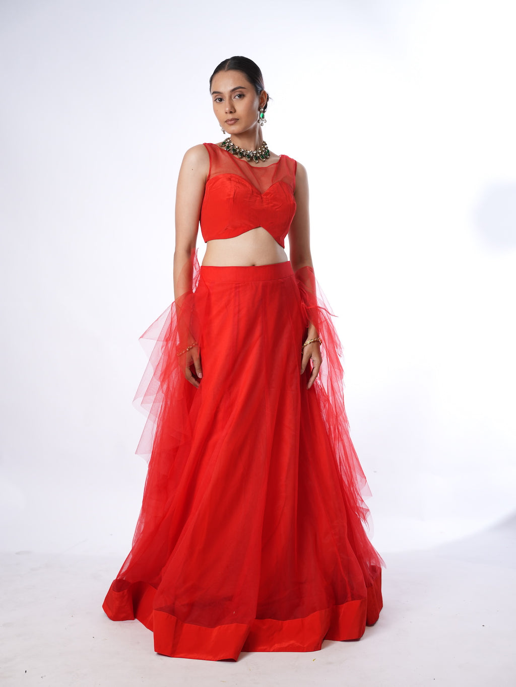Vibrant Red Net Crop Top Lehenga Set