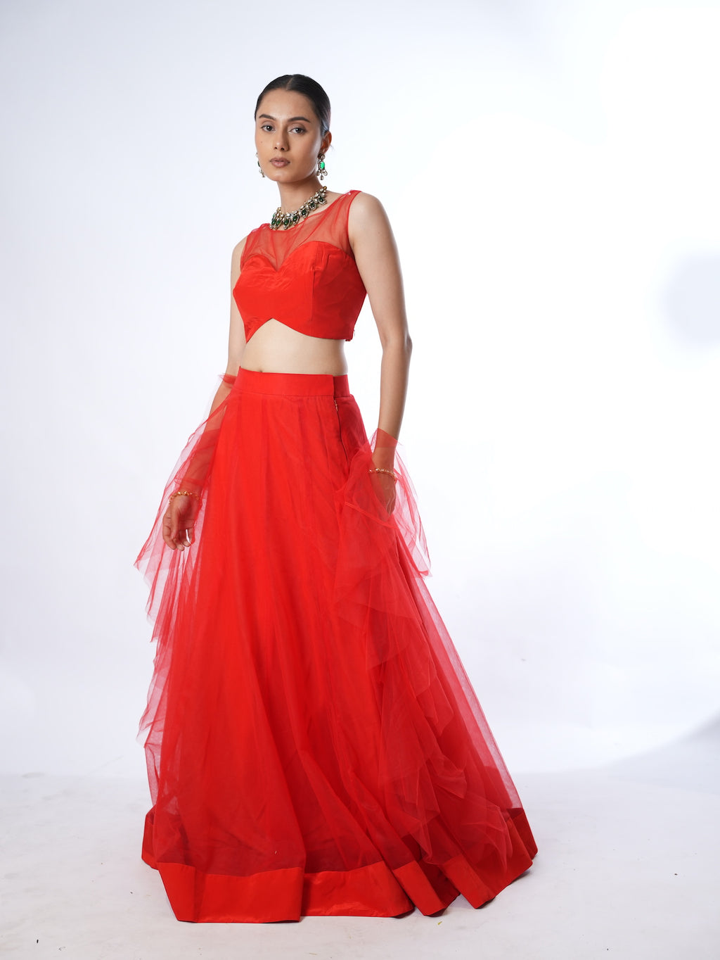Vibrant Red Net Crop Top Lehenga Set