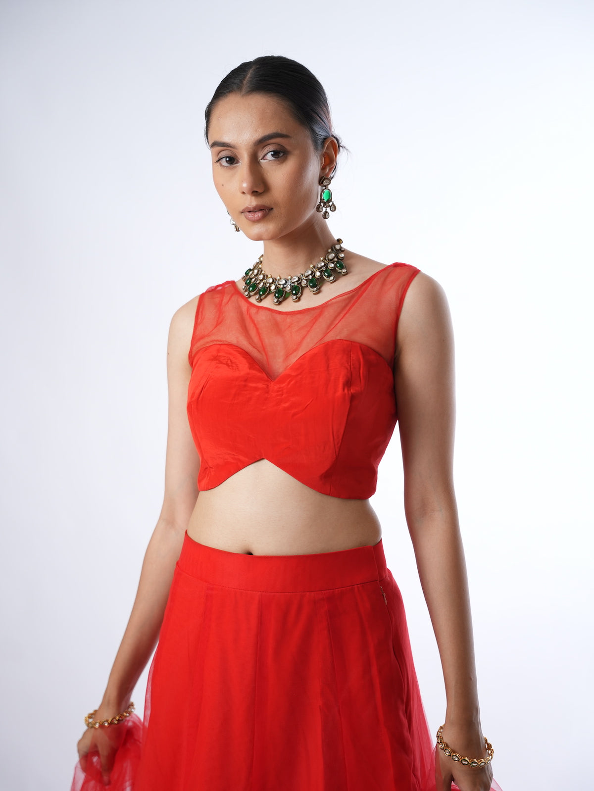 Vibrant Red Net Crop Top Lehenga Set