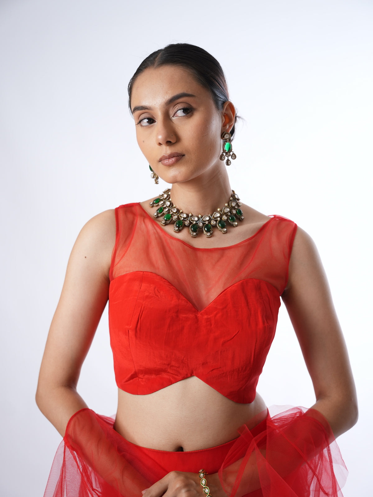 Vibrant Red Net Crop Top Lehenga Set