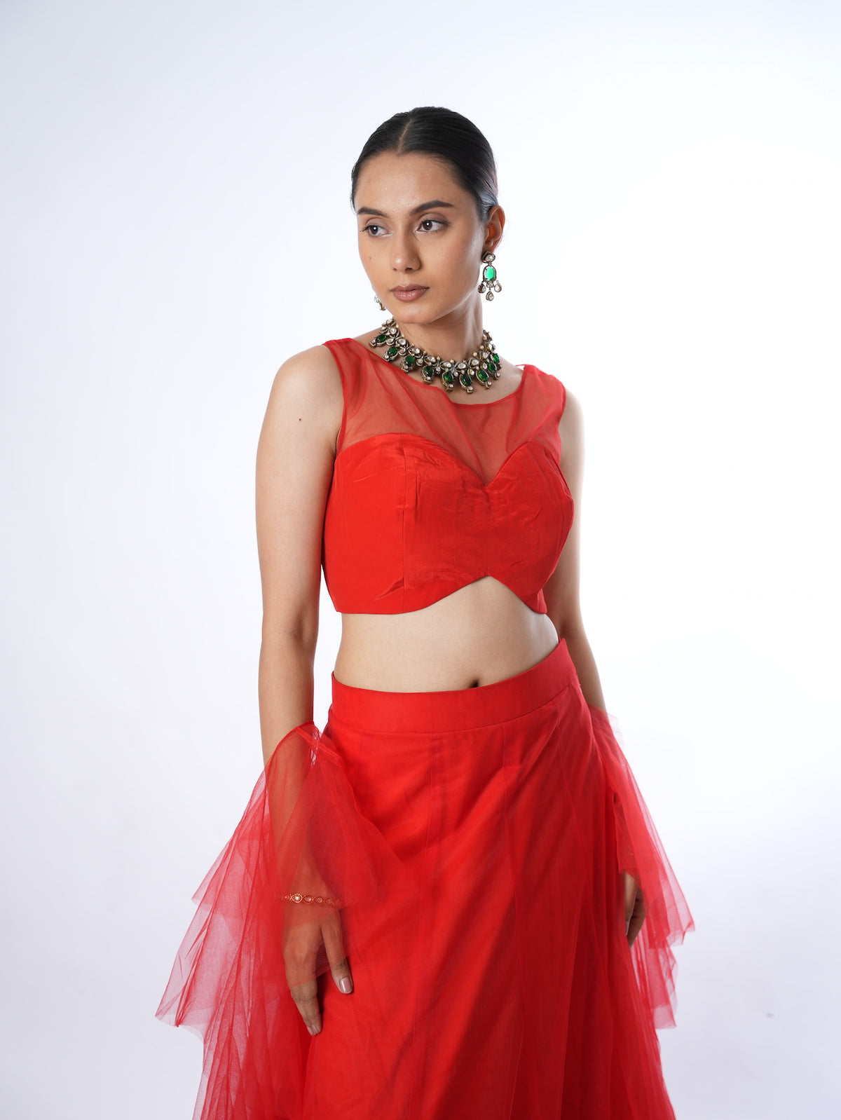 Vibrant Red Net Crop Top Lehenga Set