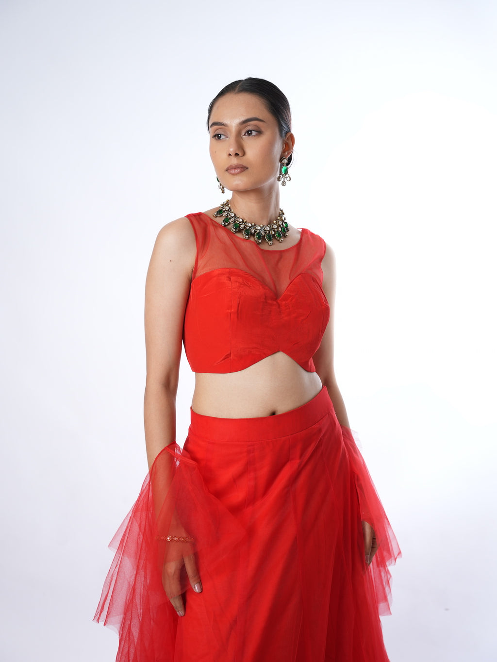 Vibrant Red Net Crop Top Lehenga Set
