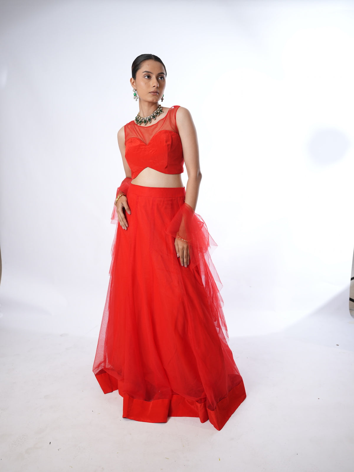 Vibrant Red Net Crop Top Lehenga Set