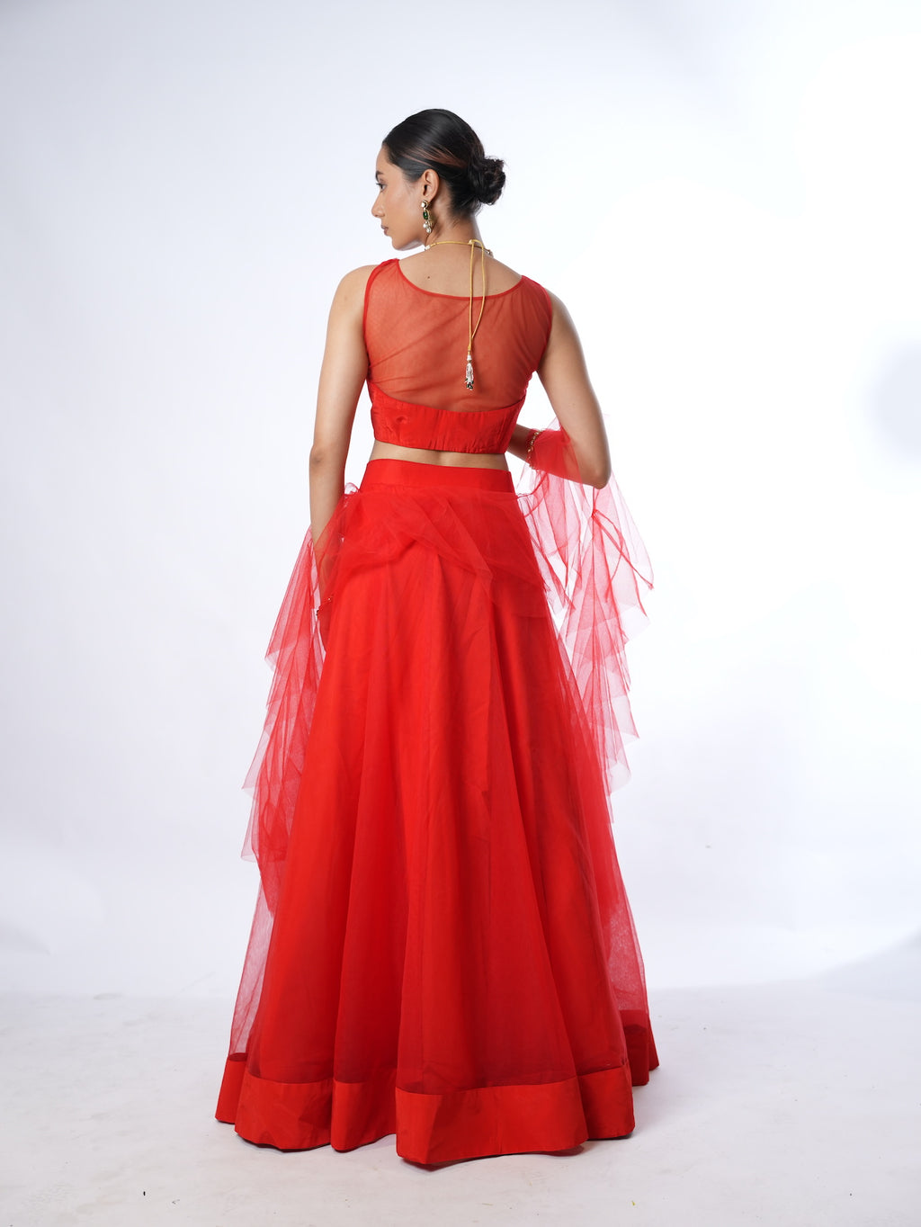Vibrant Red Net Crop Top Lehenga Set