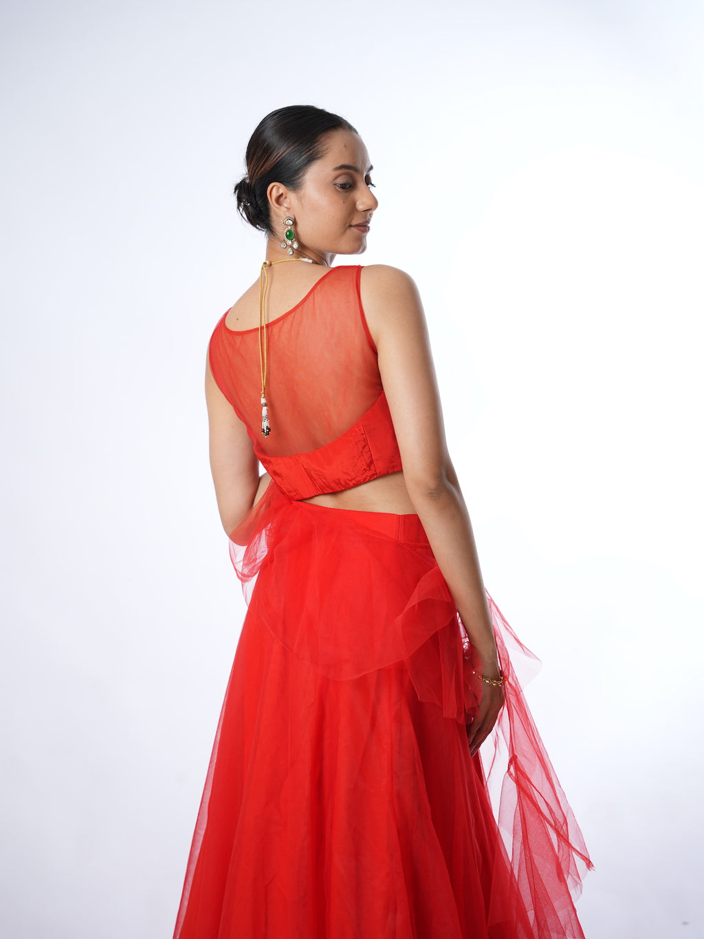 Vibrant Red Net Crop Top Lehenga Set