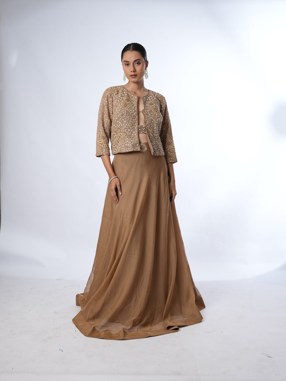 Golden Brown Embellished Jacket and Lehenga Set