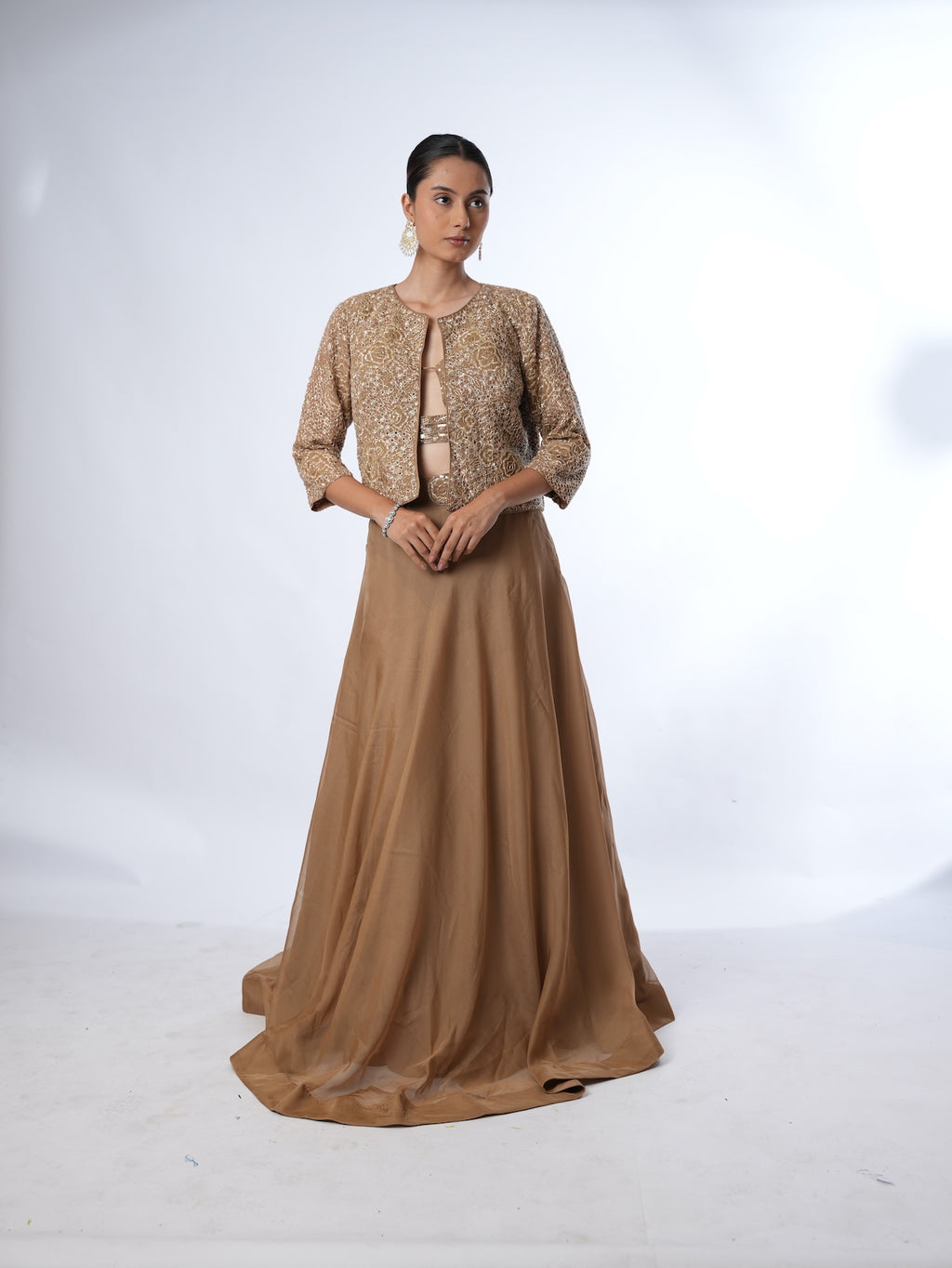 Golden Brown Embellished Jacket and Lehenga Set