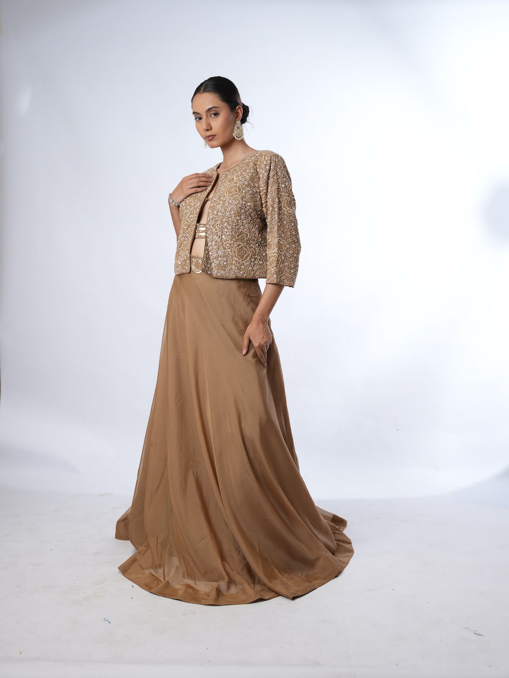 Golden Brown Embellished Jacket and Lehenga Set