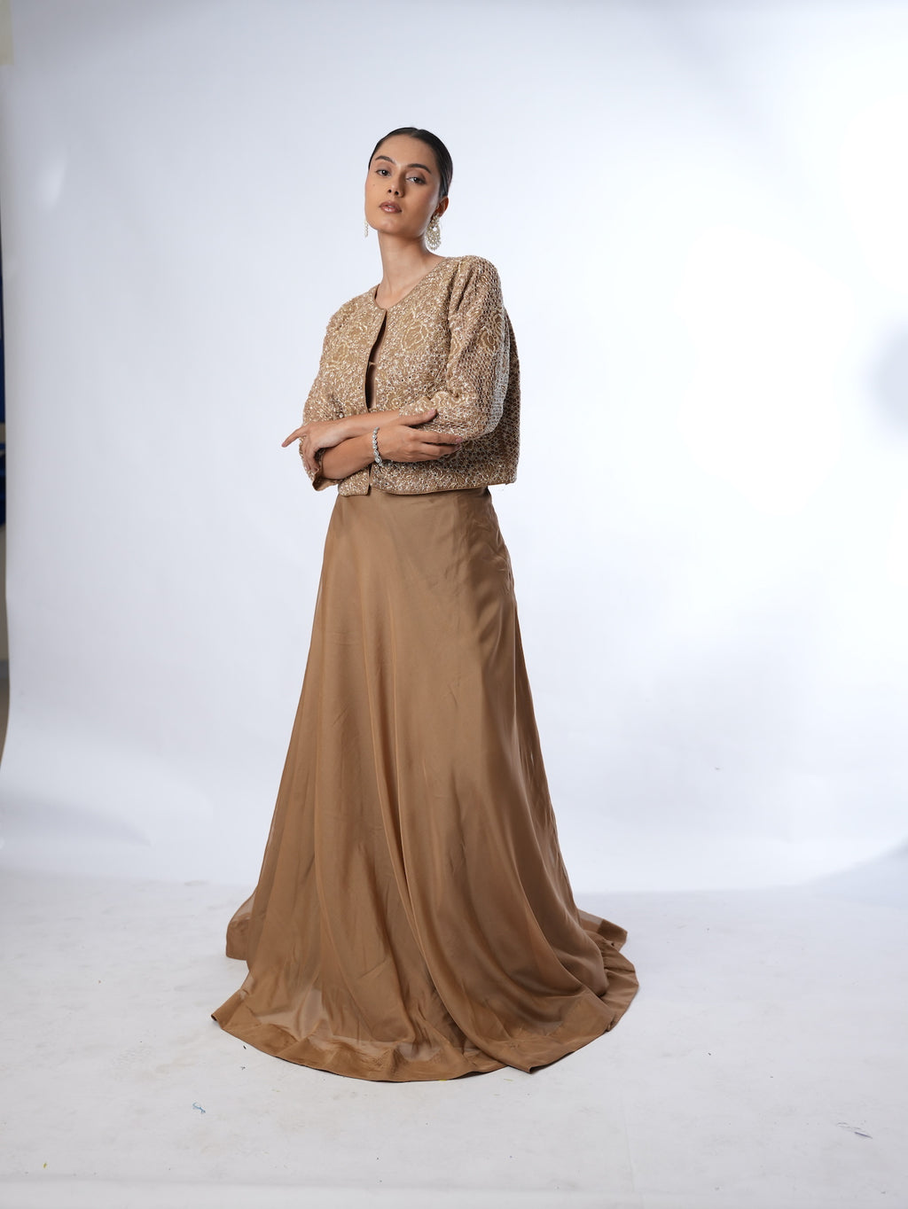 Golden Brown Embellished Jacket and Lehenga Set