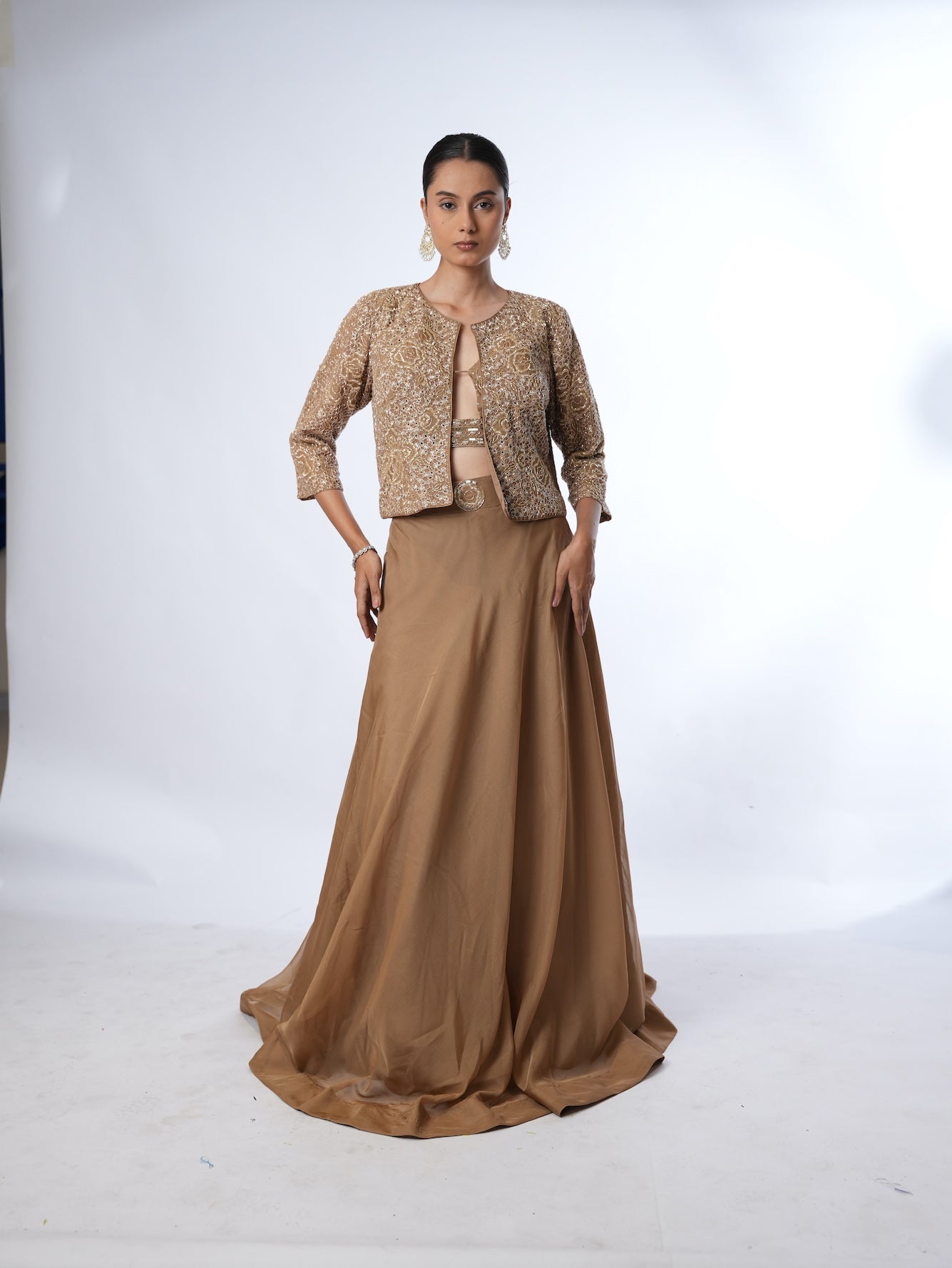 Golden Brown Embellished Jacket and Lehenga Set