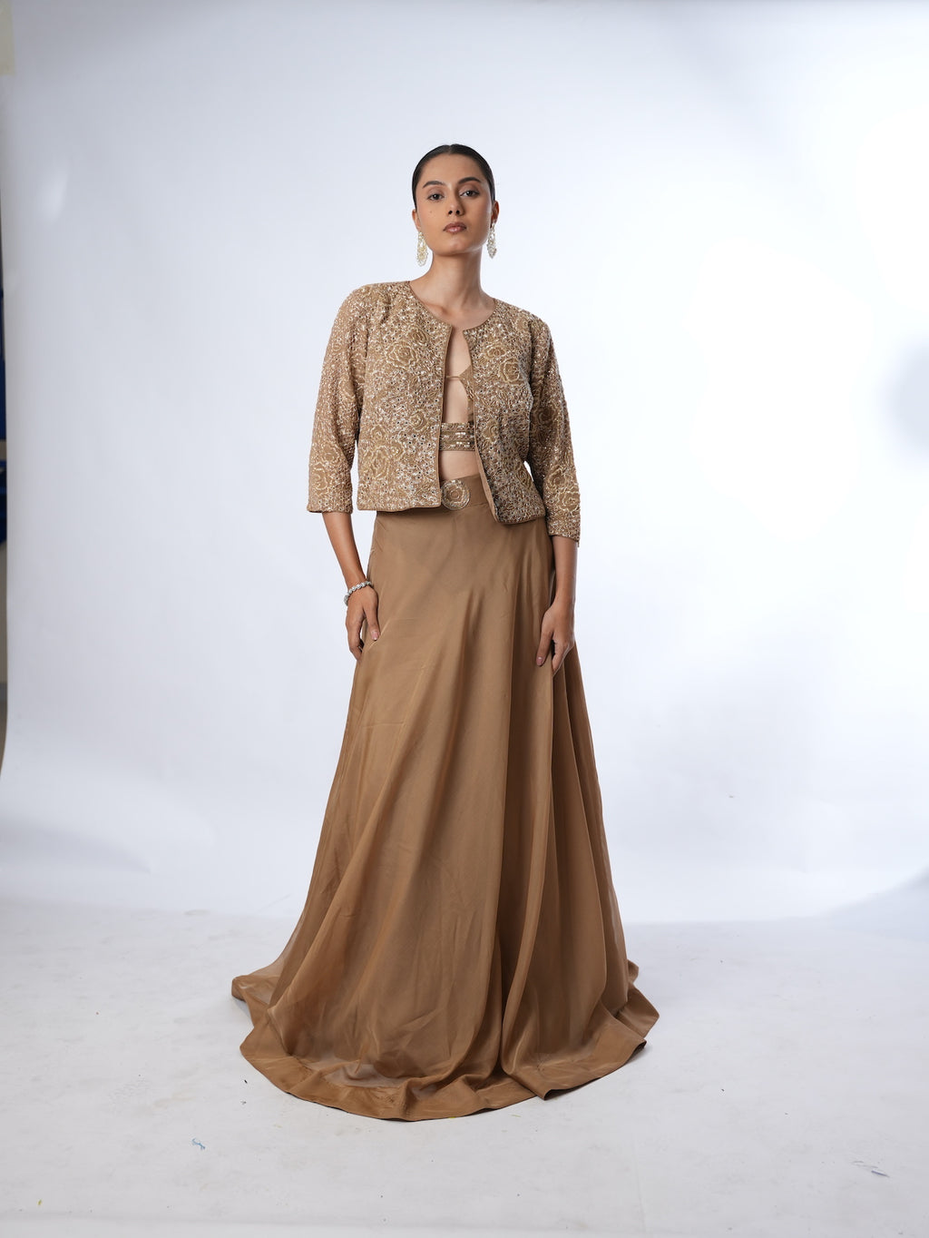 Golden Brown Embellished Jacket and Lehenga Set