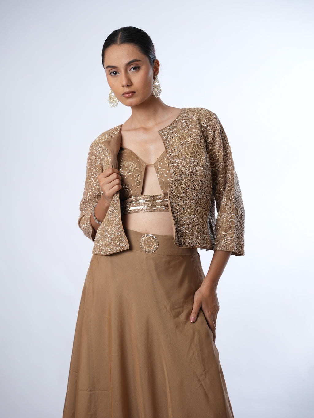 Golden Brown Embellished Jacket and Lehenga Set