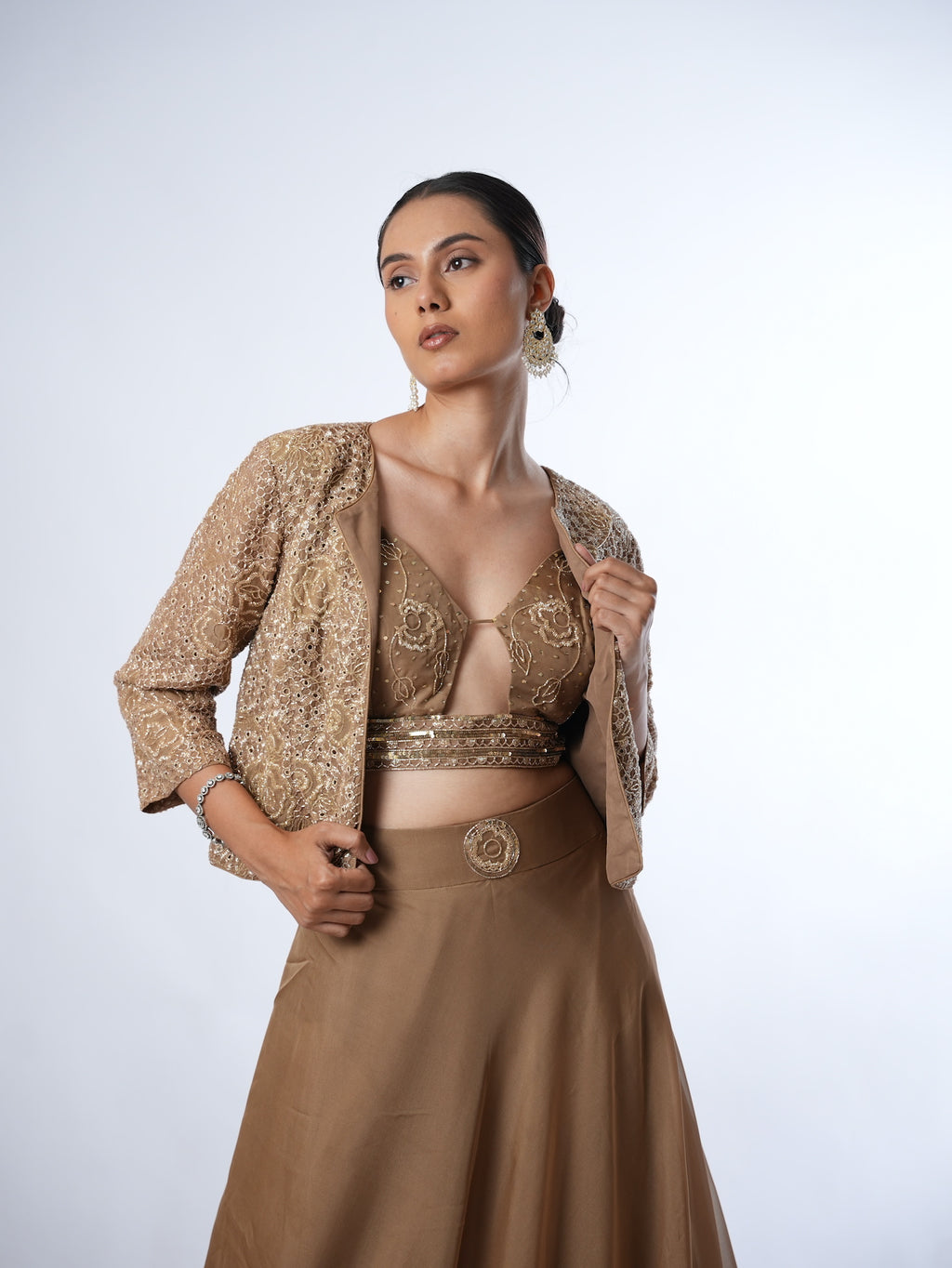 Golden Brown Embellished Jacket and Lehenga Set