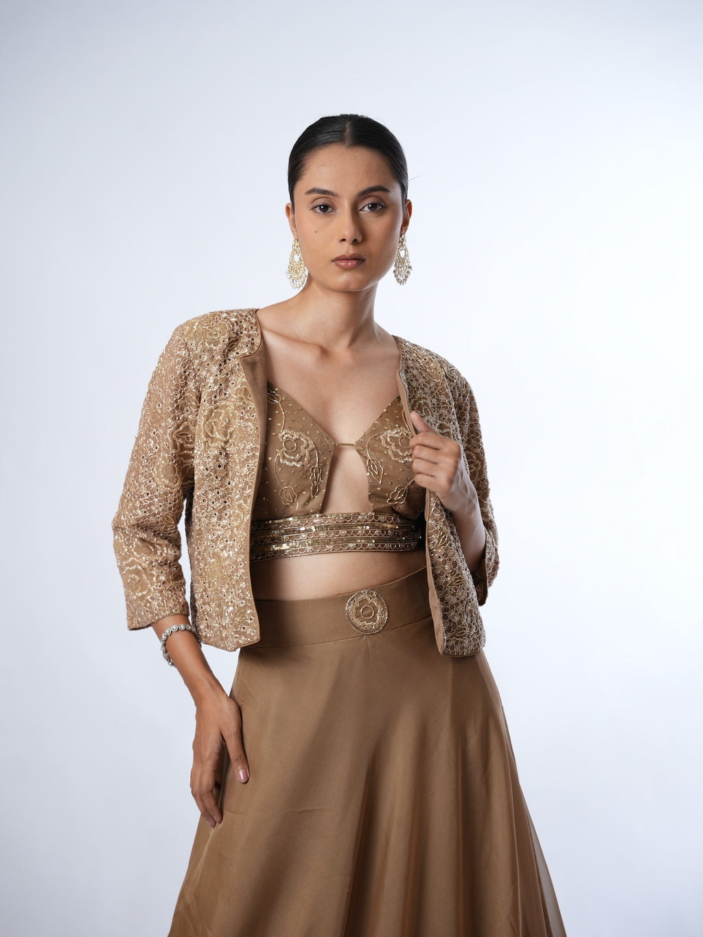 Golden Brown Embellished Jacket and Lehenga Set