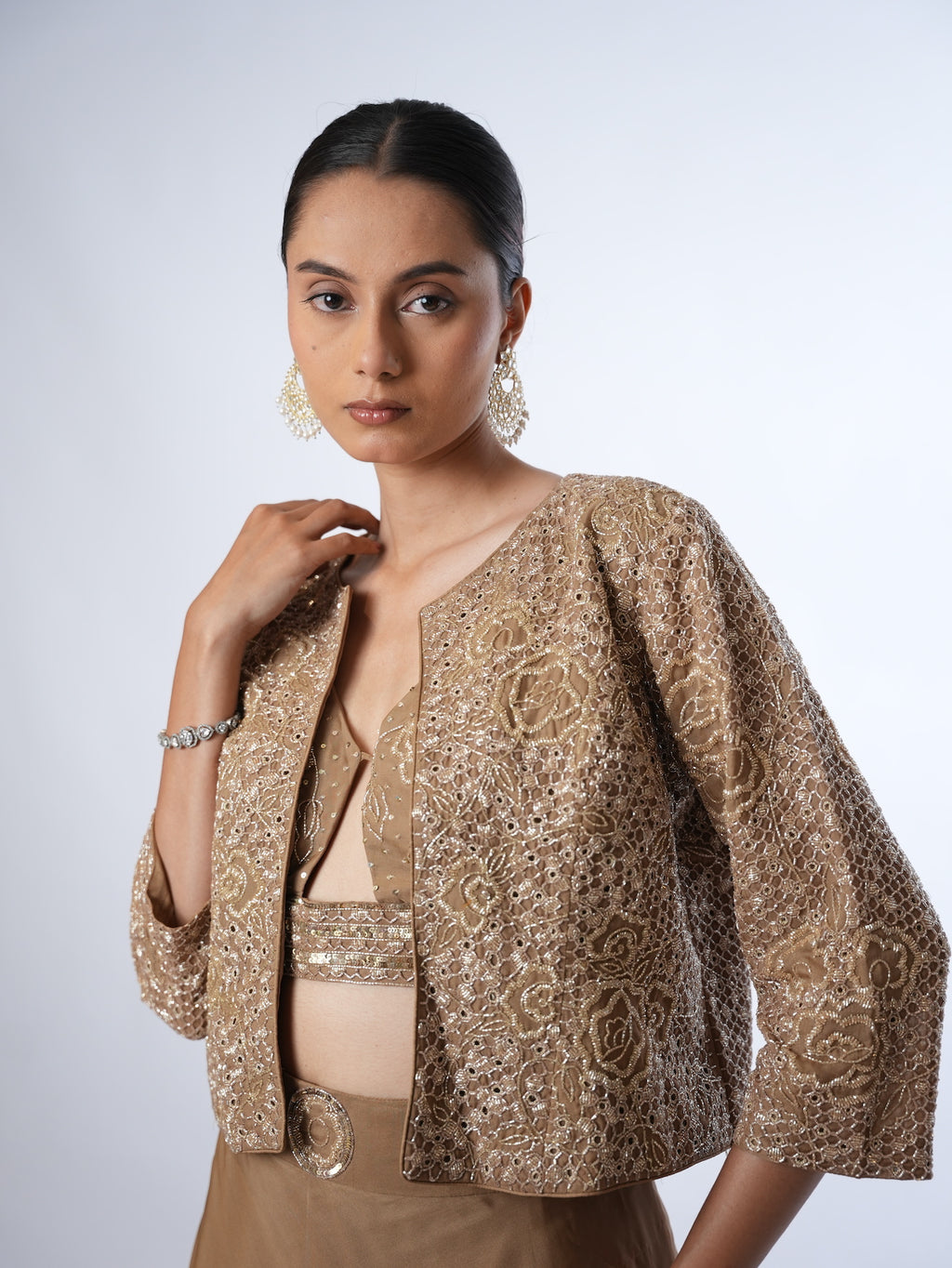 Golden Brown Embellished Jacket and Lehenga Set
