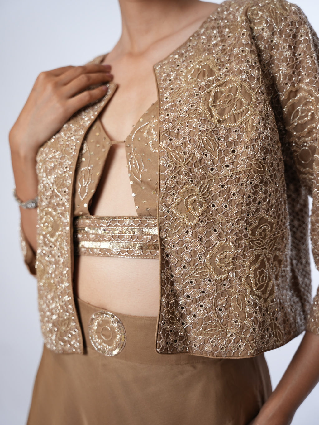 Golden Brown Embellished Jacket and Lehenga Set