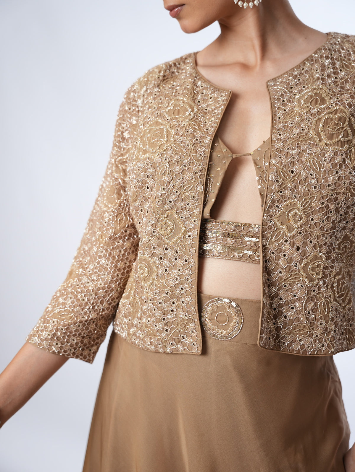 Golden Brown Embellished Jacket and Lehenga Set