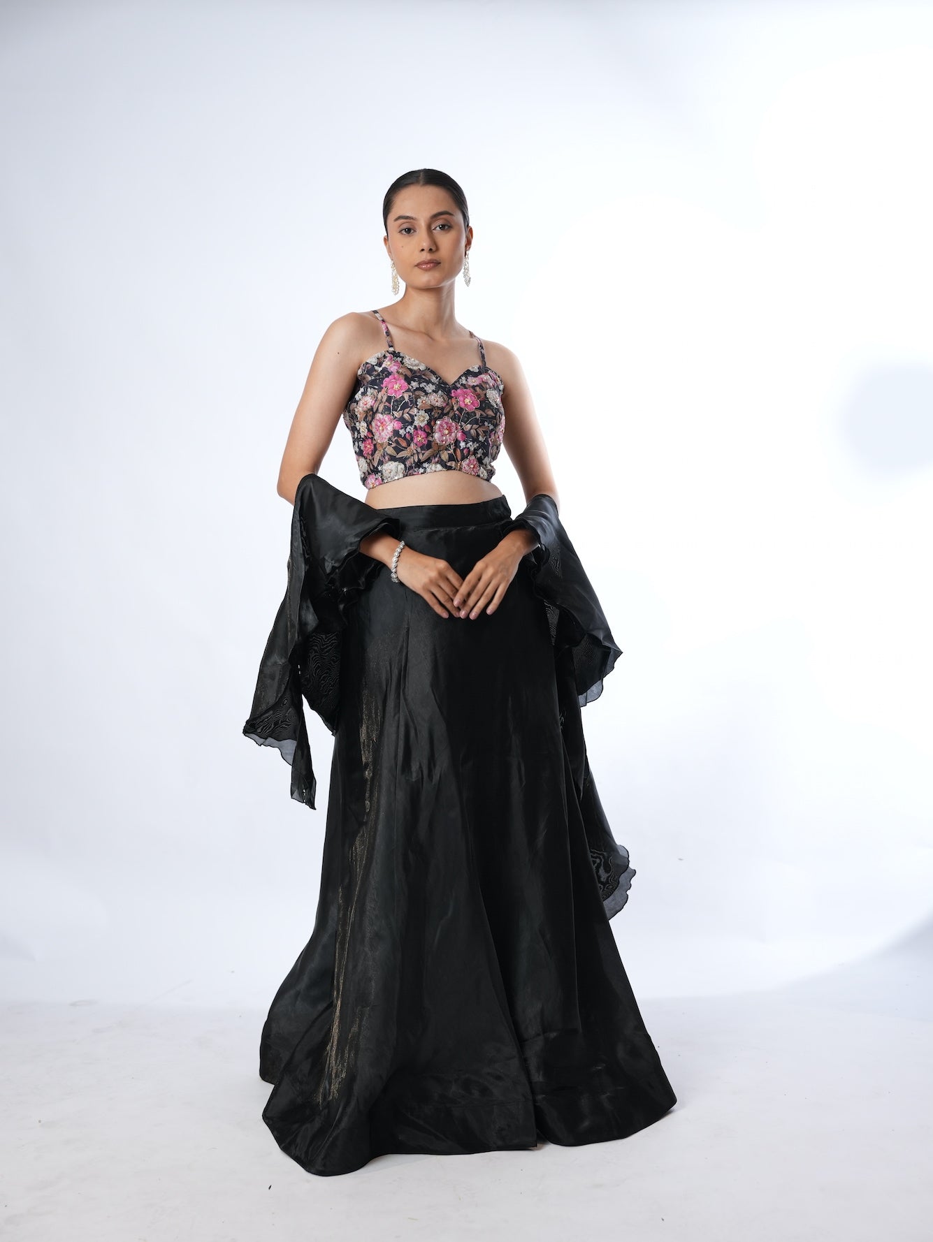 Black Floral Crop Top Lehenga